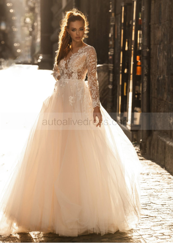 Long Sleeves Beaded Ivory Lace Tulle Sparkly Wedding Dress
